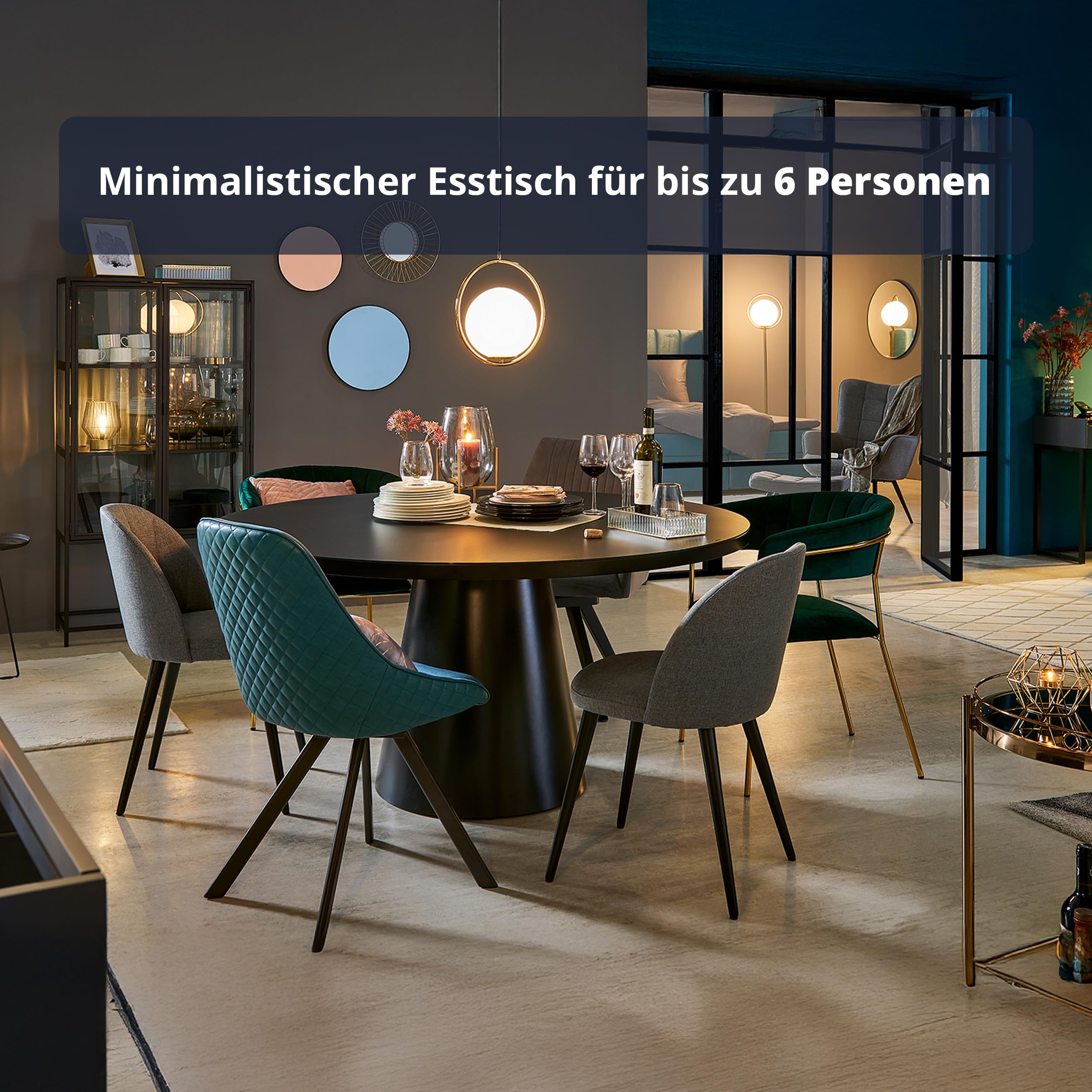 KHG Esstisch Rund 150 cm Durchmesser, Schwarz mit Glasplatte, Platz für 6 Personen, bis 100 kg belastbar - Minimalistisches Design, konisches Tischgestell, modern & pflegeleicht