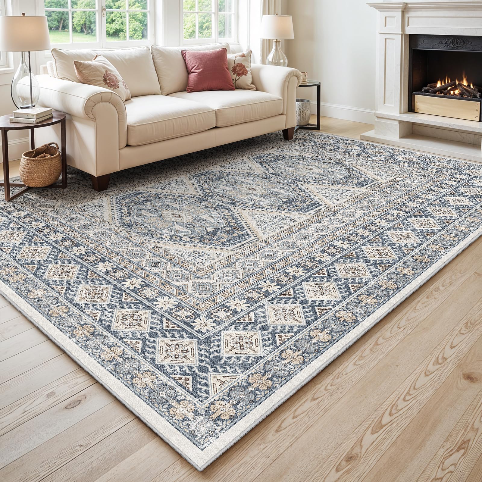 Ksrau 10x12 Area Rug Washable Vintage, Blue