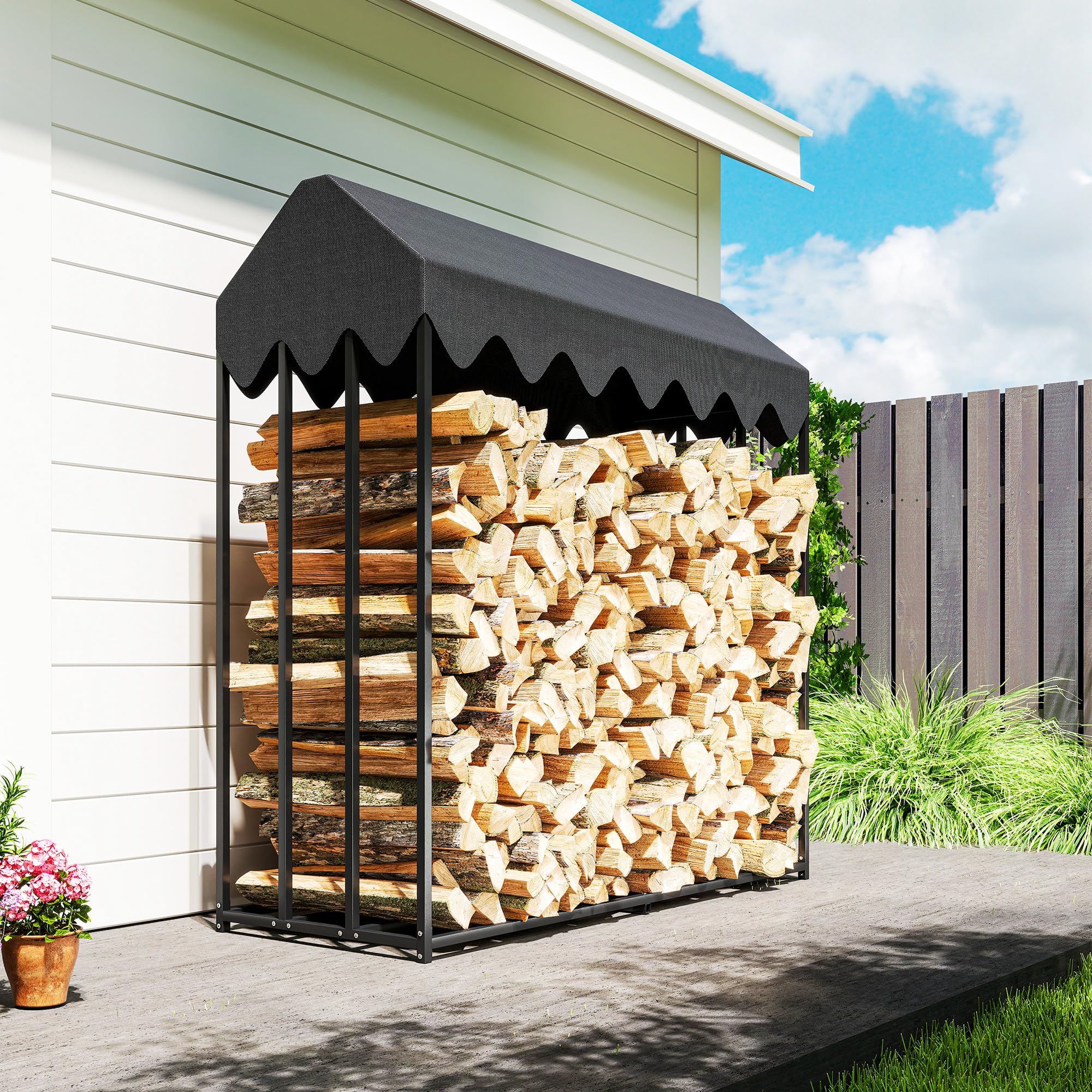 Outsunny Range bûches extérieur en acier 186 x 70 x 185 cm grande capacité 1,9 m³, étagère à bûches avec abri bois de chauffage et housse de protection 600D Oxford noir