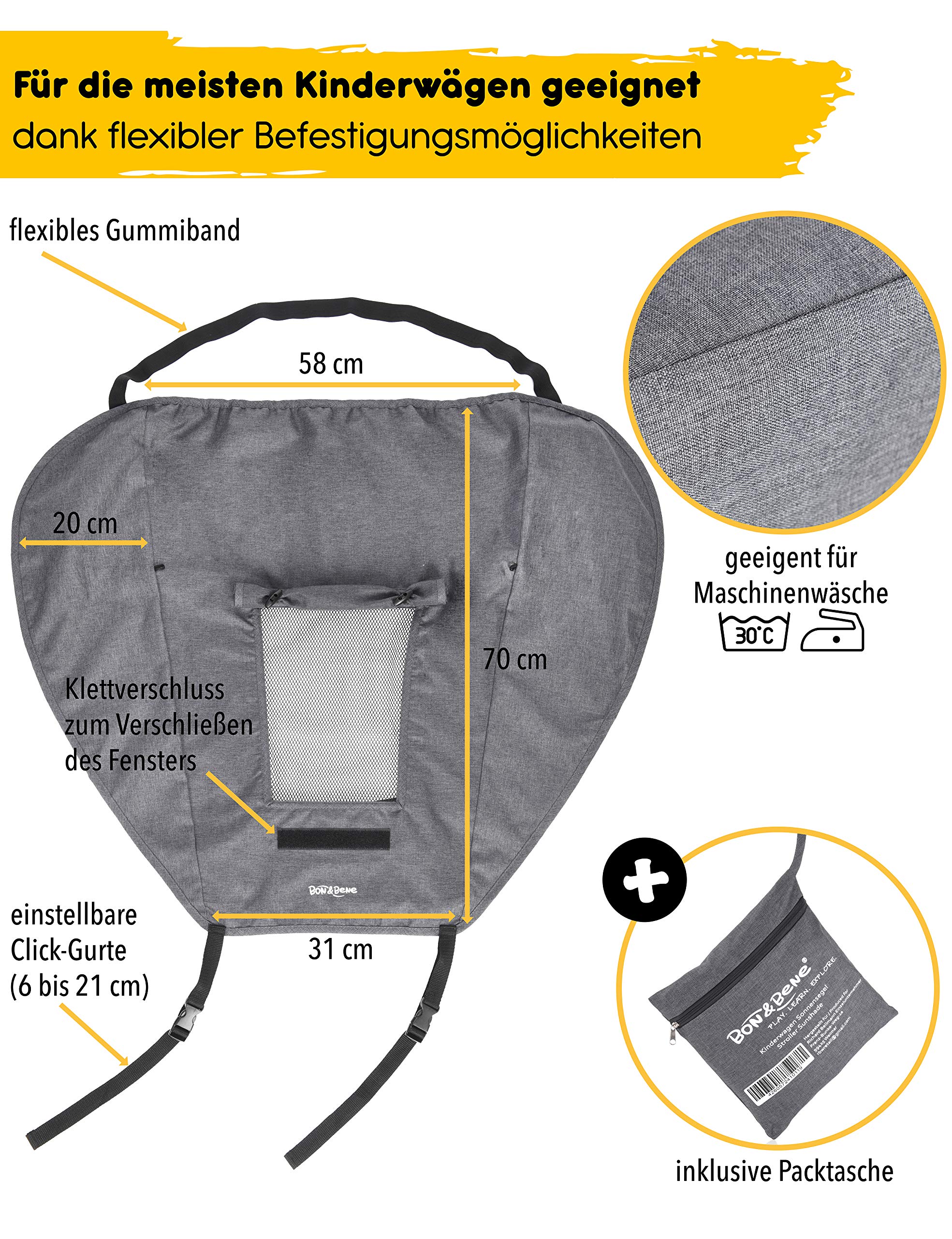 BON&BENE Sonnensegel Kinderwagen - Universal Sonnenschutz mit UV-Schutz 50, Sichtfenster & breiten Schattenflügeln