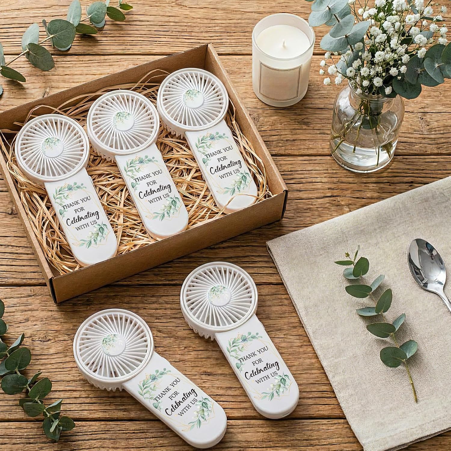 CroBlissful 12 Pcs Mini Wedding Fan for Guests Bulk Battery Operated Portable Handheld Fan Greenery Thank You for Celebrating with Us Wedding Favors for Guest Summer Outdoor Baby Shower Souvenirs Gift