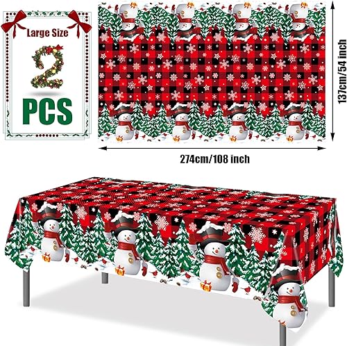 Miniatura 2 de 2 manteles de plástico desechables de Navidad con diseño de muñeco de nieve, mantel rectangular de Navidad con diseño de copo de nieve y búfalo
