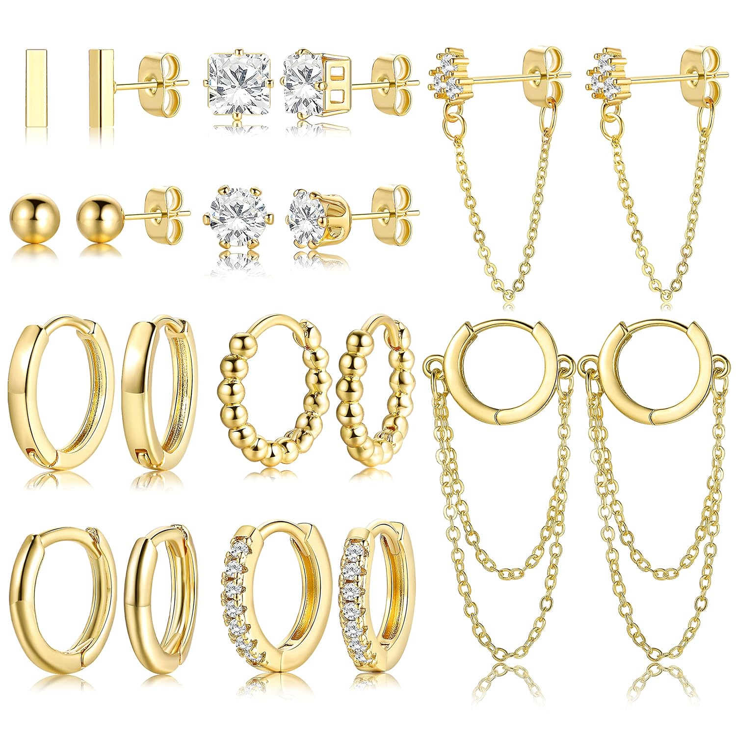 14K Small Gold Plated Hoop Studs Earrings for Women Fashion Hypoallergenic Dainty Minimalist CZ Ball Chain Earrings for