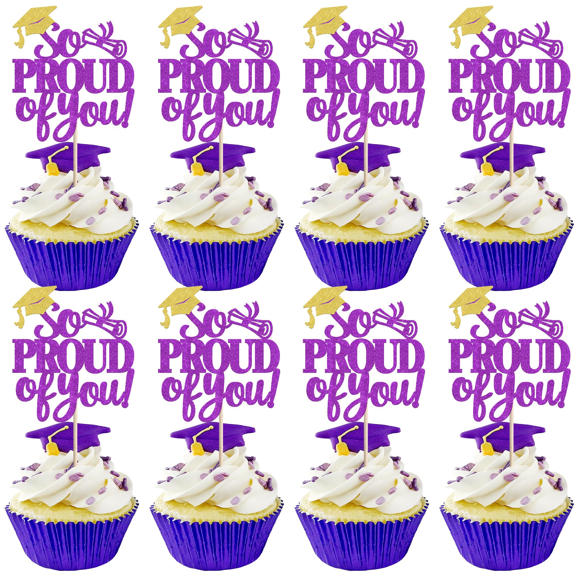 SYKYCTCY 24 Pack So Proud of You Cupcake Toppers Glitter Congrats Grad 2026 Grad Cap Cupcake Picks Class of 2026 Graduation Cake Decorations for 2026 Graduation Theme Party Supplies Purple — image 1