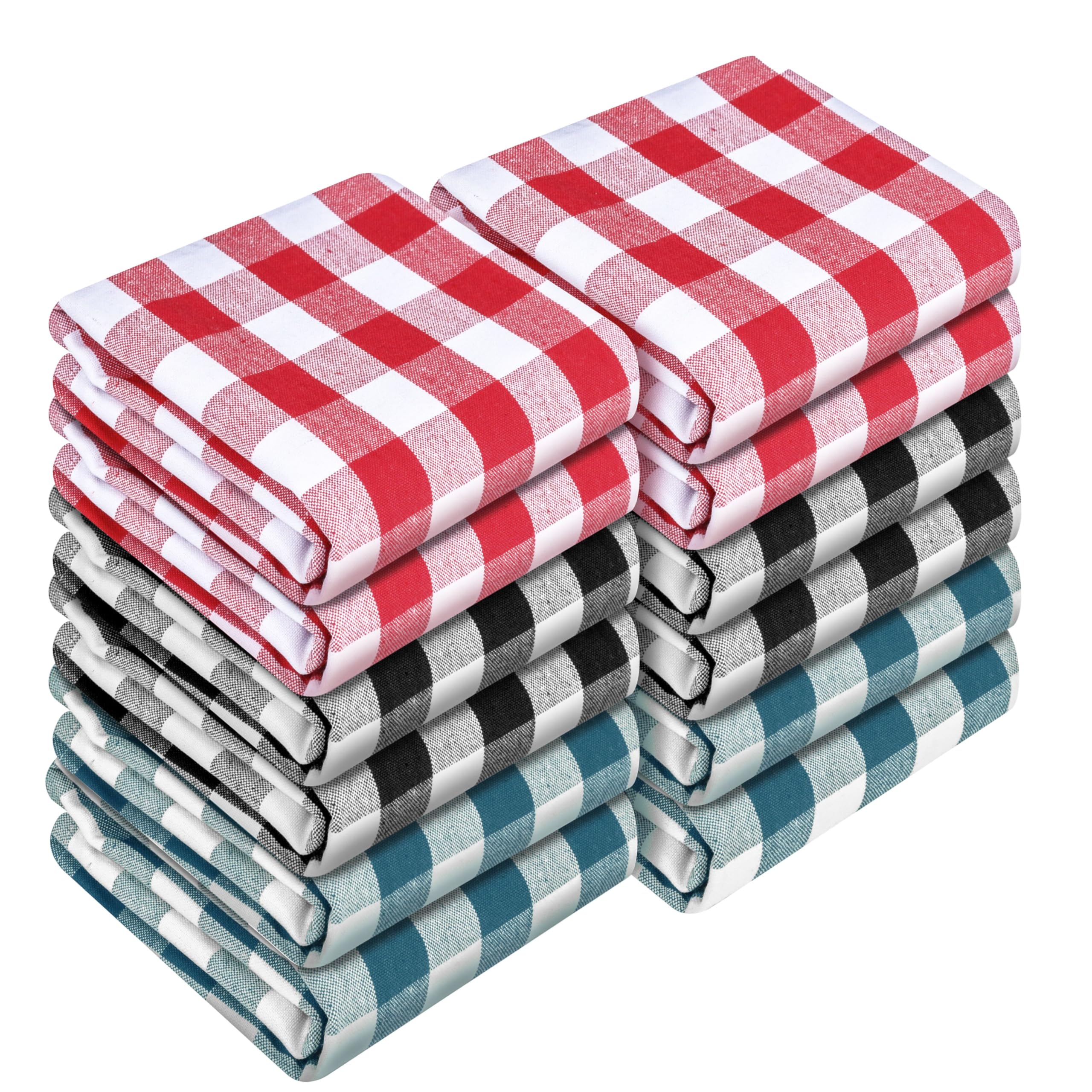 HEIRLOOM COMFORT Gingham Check Kitchen Towels 12 Pack, 45x66 cm, 100% Cotton, Super Absorbent & Quick Dry, Durable Dish Towel for Drying Dishes, Machine Washable, Everyday Use - Red, Black, Teal โ image 1