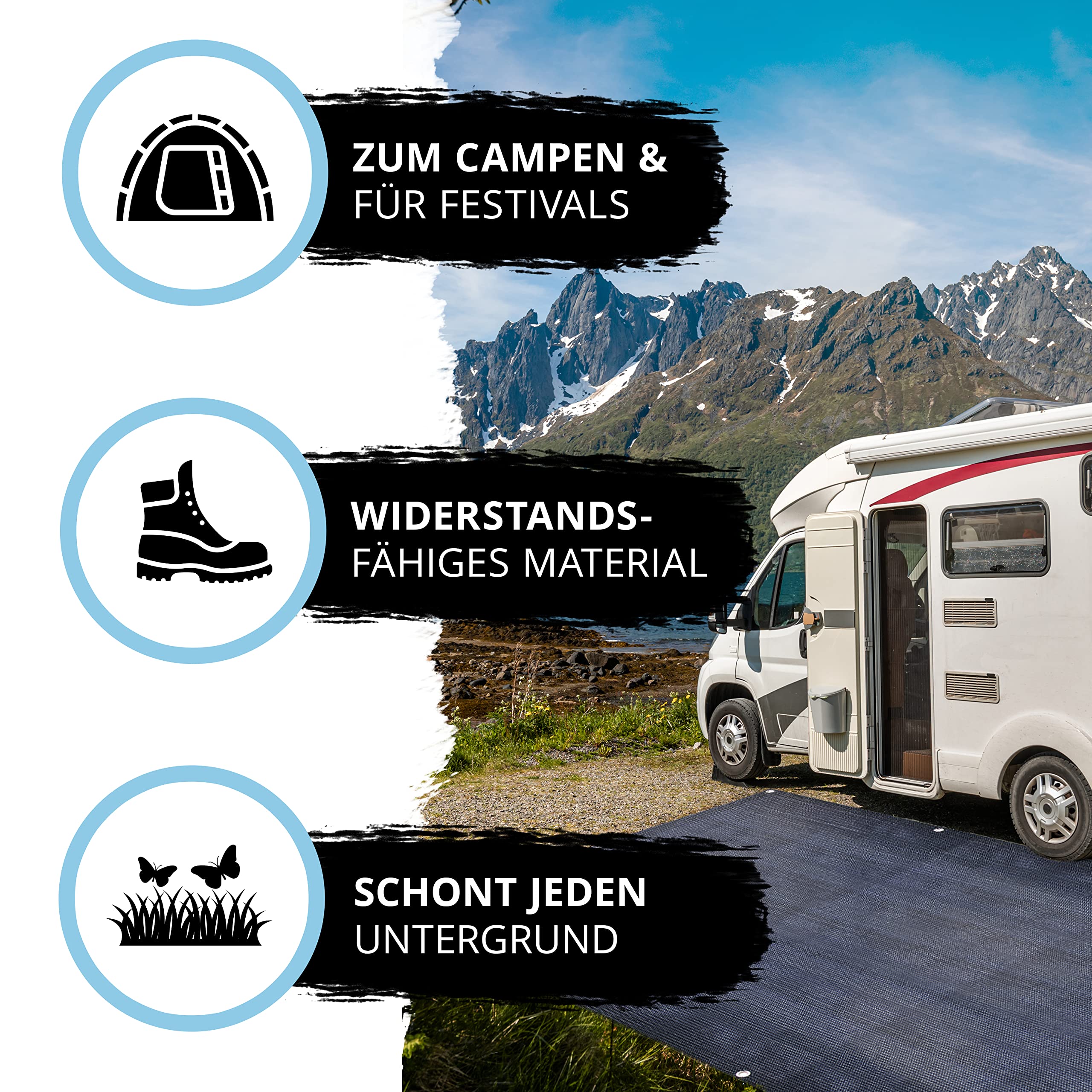 Vorzeltteppich – Markisenteppich – Outdoor-Teppich – wasserfest + wasserdurchlässig – Zeltunterlage – Diverse Größen – mit Ösen zur Befestigung – hochwertig – einfache Reinigung