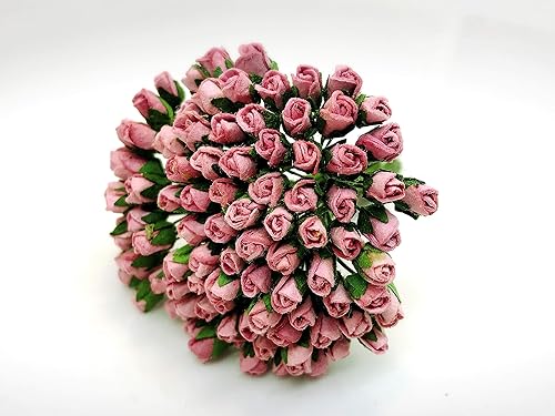 Miniatura 2 de PLFlower - Juego de 100 pequeños brotes de rosas rosas de color rosa polvoriento, flor de morera, hecho a mano, tamaño de boda, 0.15 pulgadas, álbum