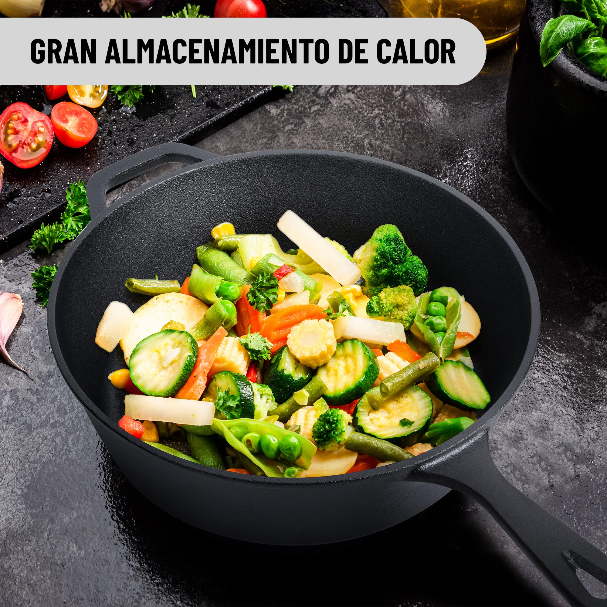 Tortillada - 2 en 1 Combo Cooker Juego de Olla (3.5l) y Sartén (26 cm) De Hierro Fundido + Mango De Protección + E-Book con 50 Recetas