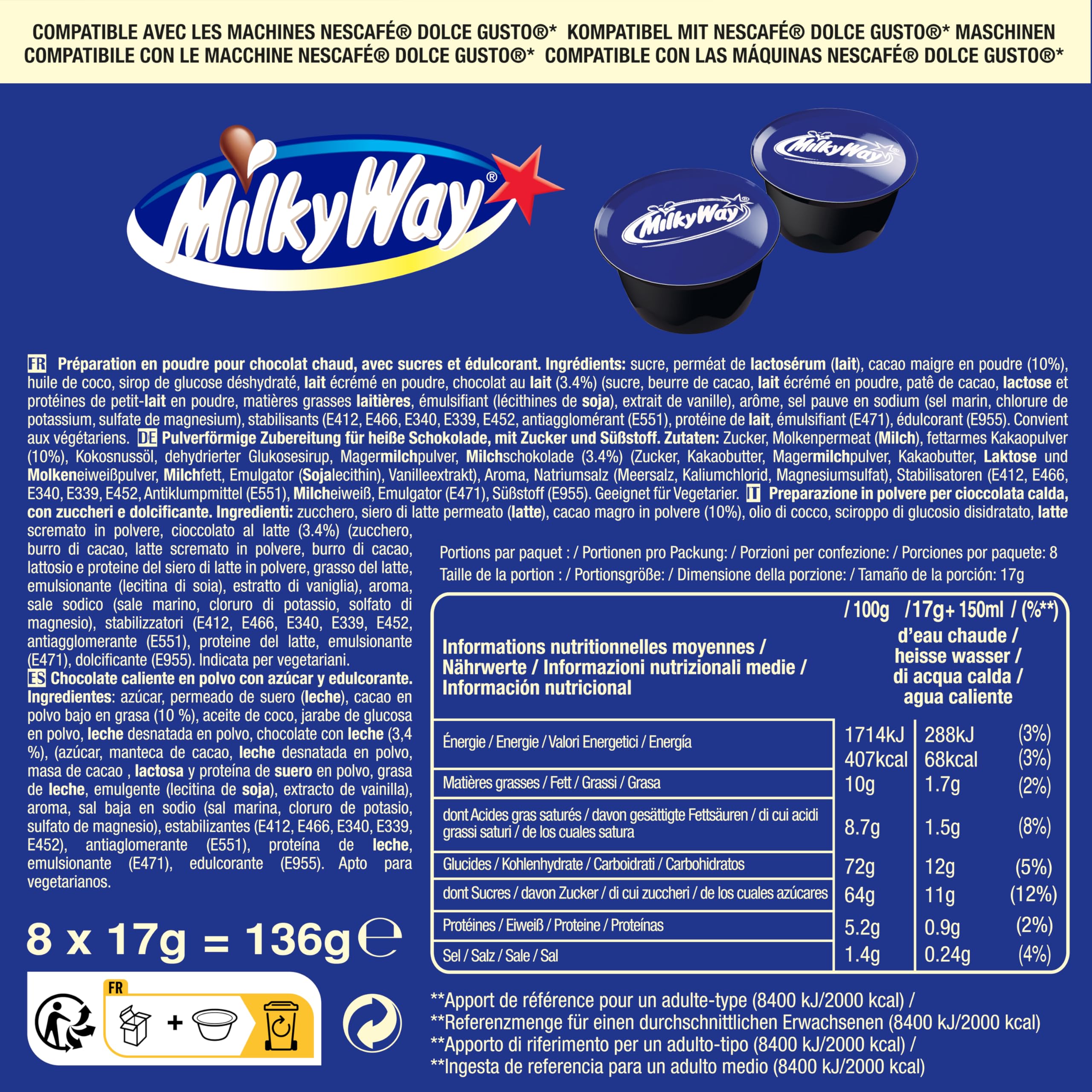 24 Capsule di Cioccolata Calda compatibili con Dolce Gusto - Mars, Twix, Milkyway (8 confezioni)