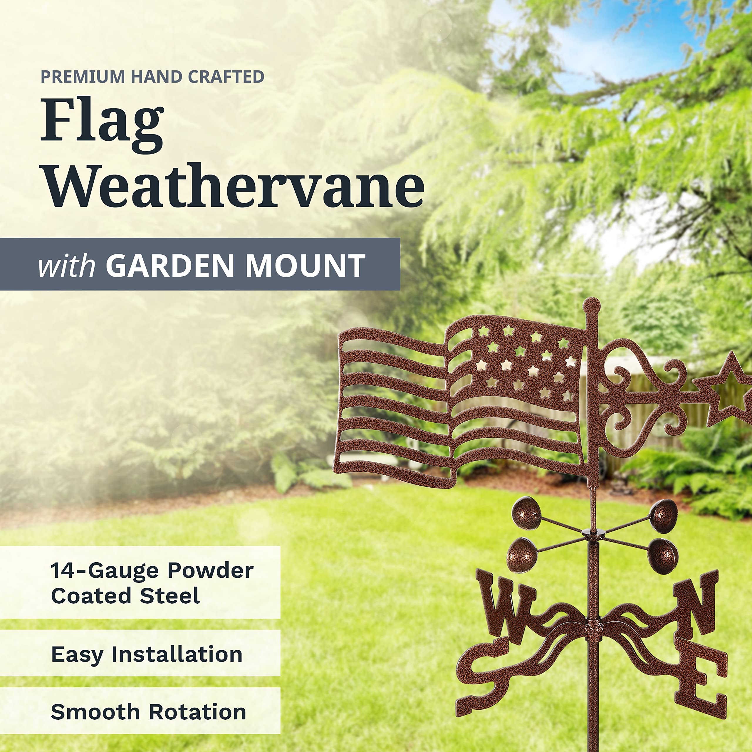 EZ Vane Steel USA Flag Weathervane 80” Height, Includes Metal Garden Mount, Wind Cups & Brackets | Hand-Crafted and Family-Owned, Made in The USA with Triple Powder Coating, Limited