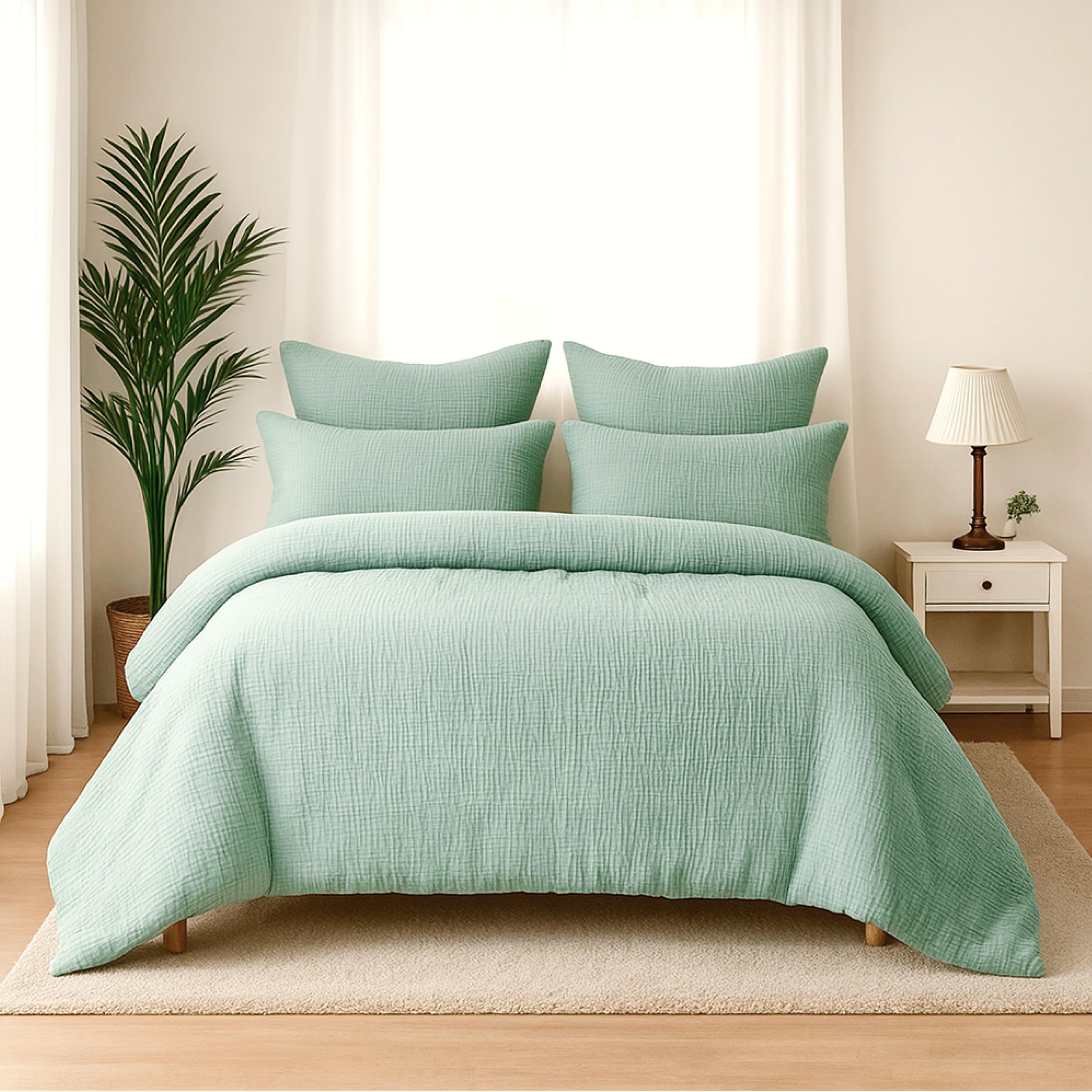 Wolkenfeld Premium Musselin Bettwäsche 135x200 mit Reißverschluss – Aus 100 % Baumwolle – Atmungsaktiv & Weich – Bettwäsche Musselin mit 80x80 Kissenbezug Grün