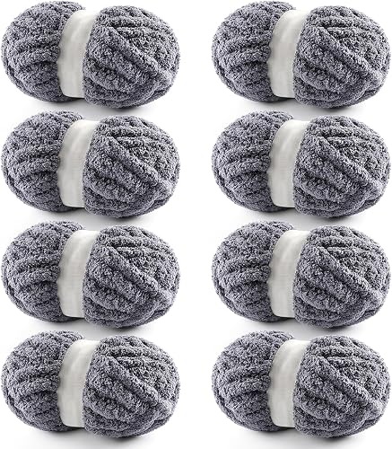 8 Pack Chunky Yarn for Hand Knitting - Chunky Chenille Blanket Yarn for Crocheting - Jumbo Fluffy Yarn for Crochet - Super Bulky Yarn 25 yds 7.7 oz Each Skein (Dark Gray)