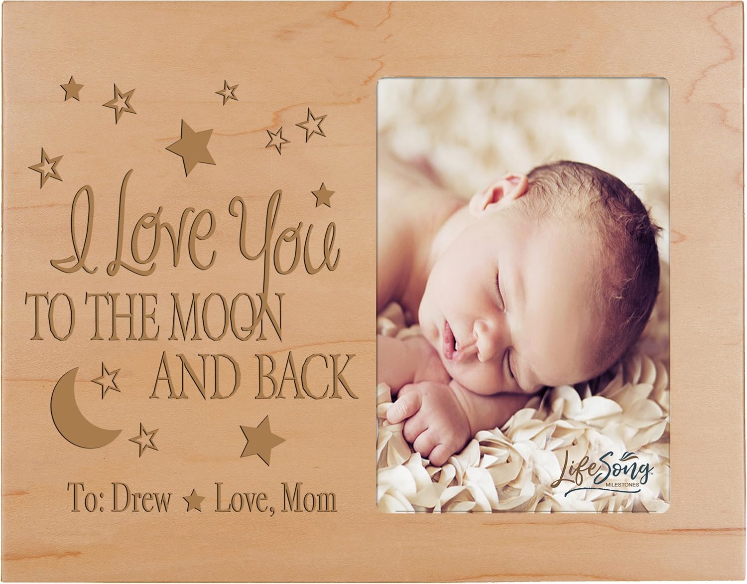 LifeSong Milestones Personalized Baby or Valentine’s Day Photo Frame Gift Custom Engraved Ideas for Couple I Love You to The Moon and Back Frame Holds 4 x 6 Picture (Pink)