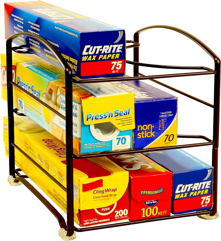 Deco Brothers Wrap Organizer Rack for Kitchen Cabinet, 3 Tier, Bronze | for Small / Standard Box, Height Clearance 2-1/2"