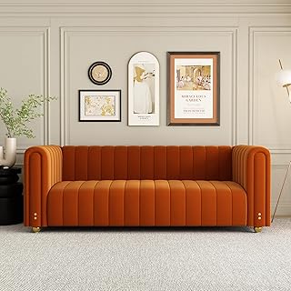 Mid Century Modern Couch Orange Velvet Couch Loveseat Sofa Curved Gold V...