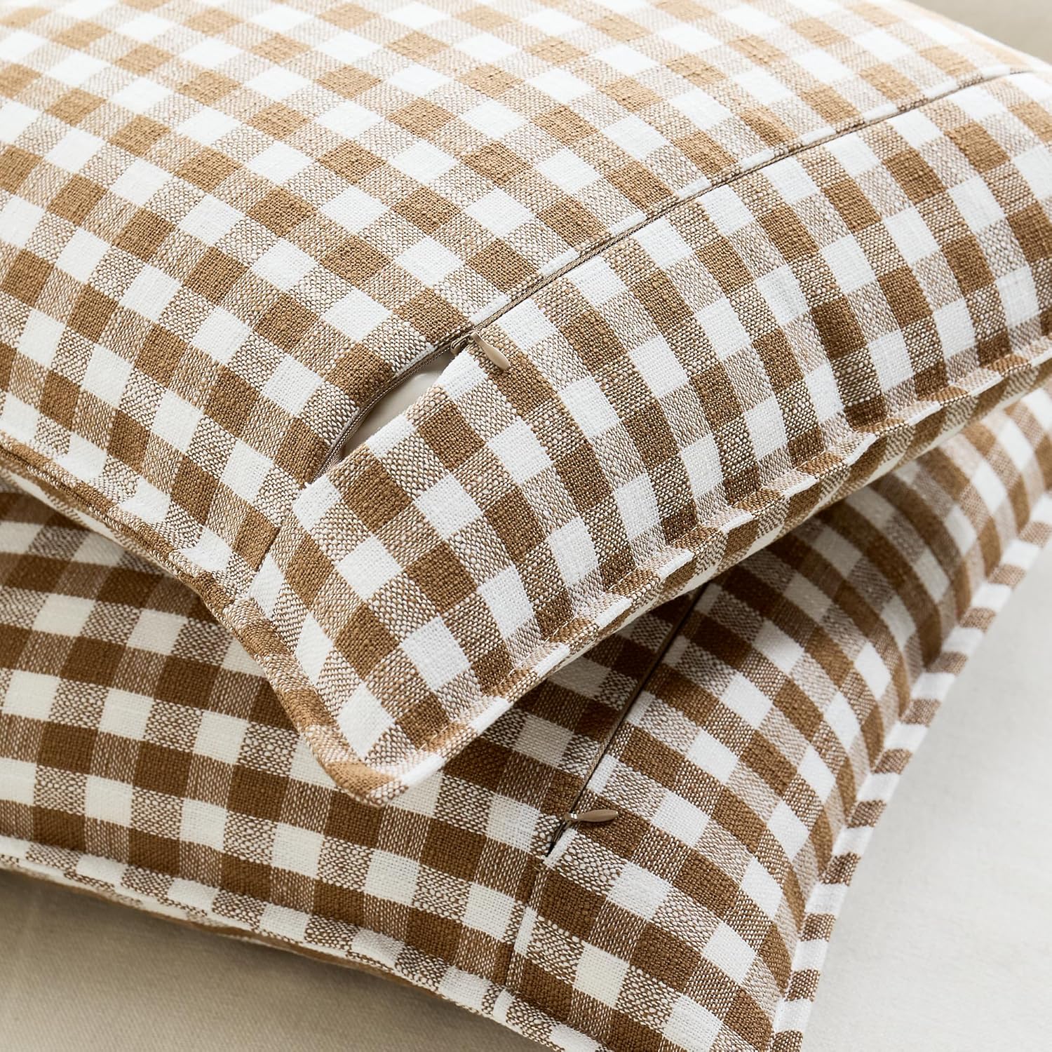 KINDREX Farmhouse Gingham Throw Pillow Covers 20x02 Set of 2, Small Checkered Linen-Textured Cushion Covers with Flanged Edges, Decorative Outdoor Pillowcases for Couch Sofa Living Room,Brown & White
