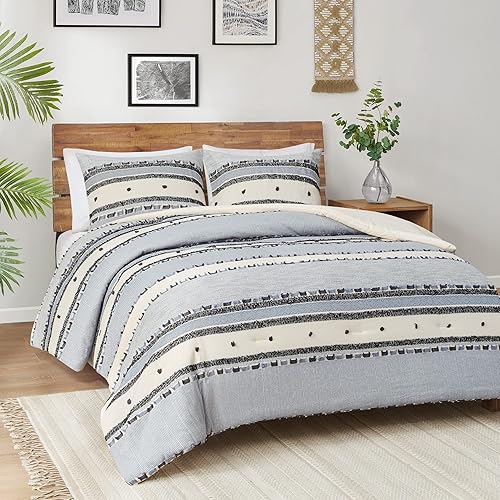 Hyde Lane 100% Cotton Farmhouse King Comforter Set, Blue Boho Style Tufted Bedding with Yarn-Dyed Stripes, 3 Piece with 2 Pillow Shams, Rustic Neutral Bedroom Décor, 104x90