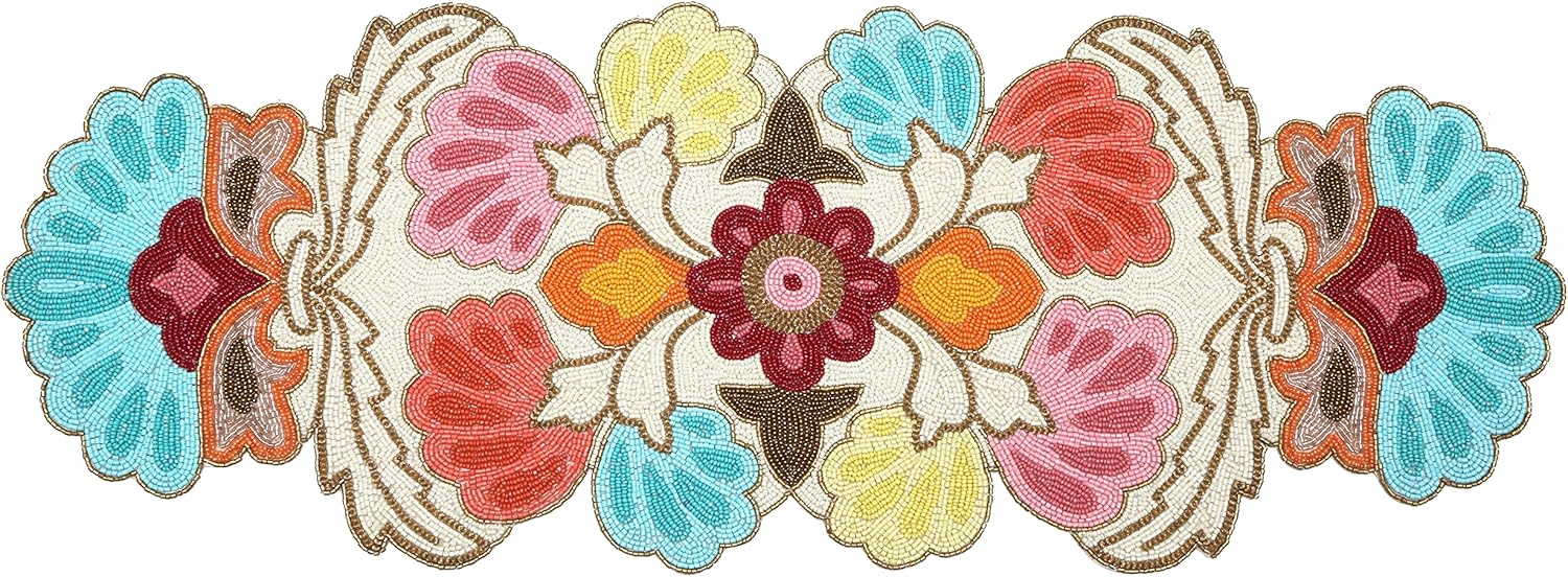 Beaded Table Runner 36 Inches Long - Beautiful Fancy Elegant Decorative Runner for Dining Table Décor, Christmas, Farmhouse, Wedding, Living Room, New Year, Easter - 13x36 Inch Blue Orange Multi