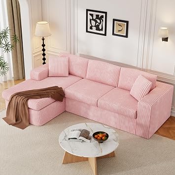 JAMFLY 105" Boneless Couches for Living Room Modular Sectional Sofa L-Shape Couch with Oversized Chaise, Cloud Couch Deep Seat Memory Foam Upholstered for Bedroom, Plush Corduroy Fabric, Baby Pink