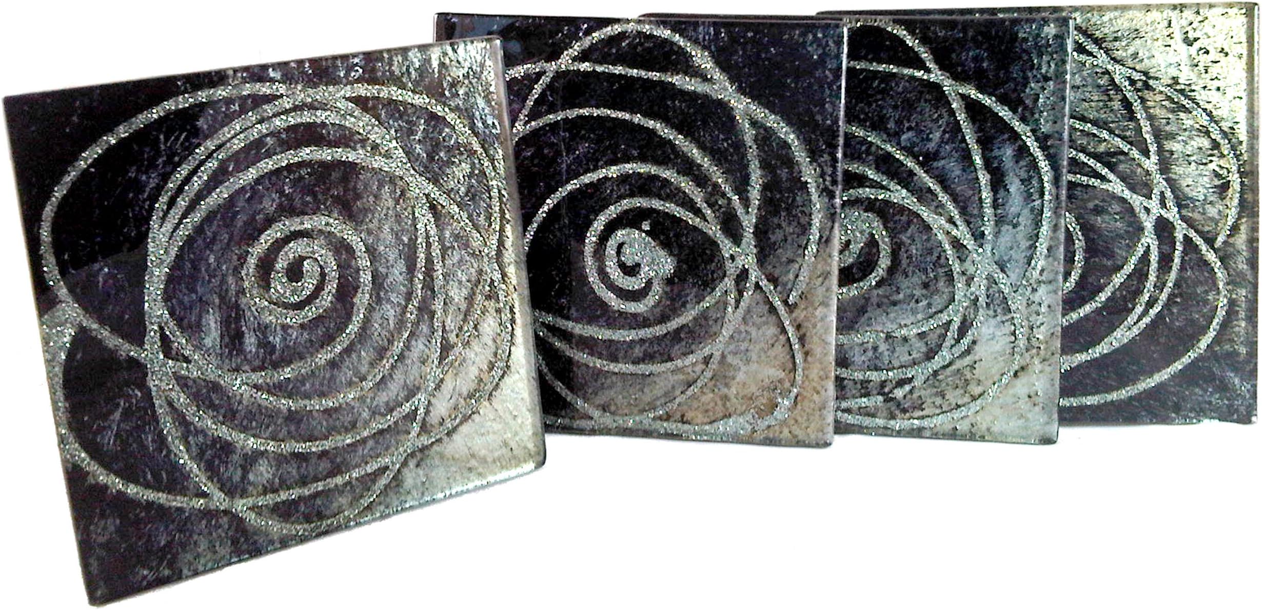 Glass Coasters set of 4 sparkle, silver and black