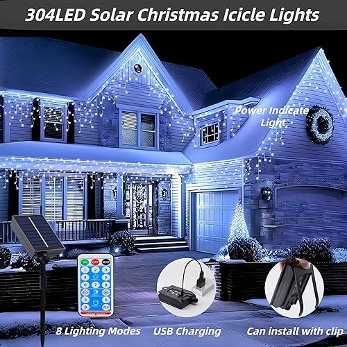 Miniatura 2 de Luces solares blancas de carámbano de Navidad, 304 LED para decoración de Navidad al aire libre, 8 modos, impermeables, luces solares de carámbano
