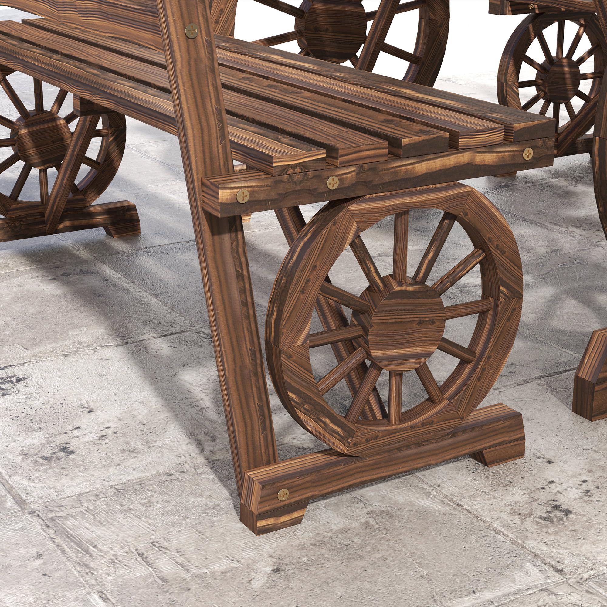 Mesa y sillas para exteriores para 4 personas, juego de mesa de patio de madera y banco de comedor, juego de muebles de 3 piezas para todo tipo de clima con diseño de rueda de carro para 9