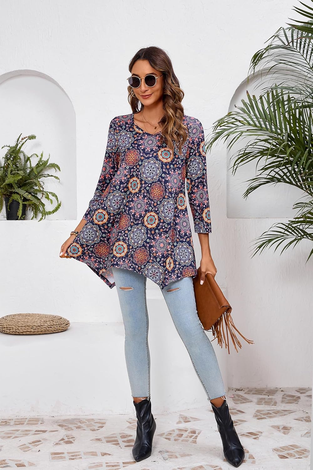 ENMAIN Tunic Tops for Women 3/4 Sleeve Plus Size Women's Tunics Loose Fit Floral Swing Flare Ladies Blouse for Leggings - Image 6
