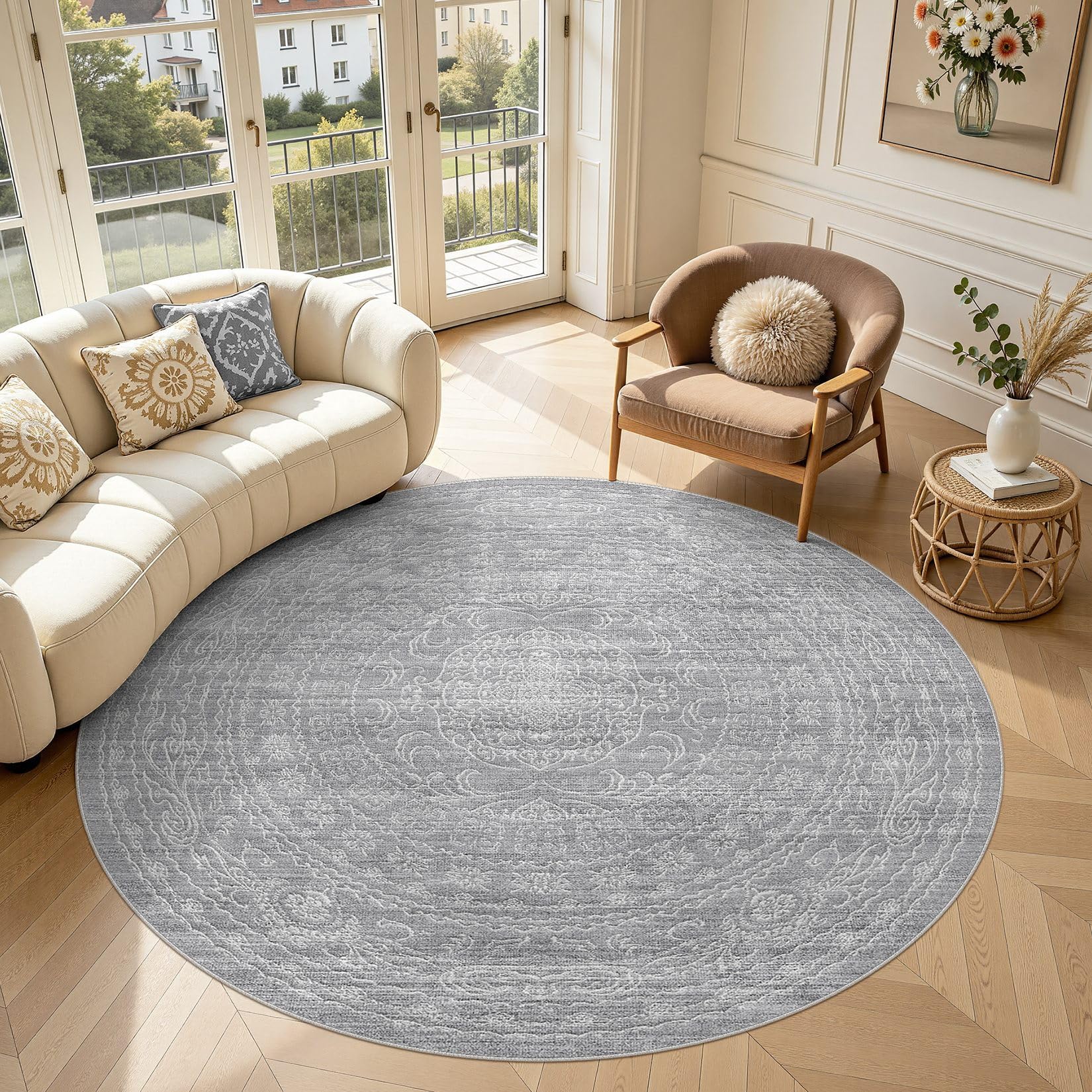DMOYEST Teppich Rund 200cm Grau Vintage, Waschbarer Kurzflor Teppiche mit Rutschfester, Weich und Dünn, für Schlafzimmer Esszimmer Büro, Kind- und Haustierfreundlich
