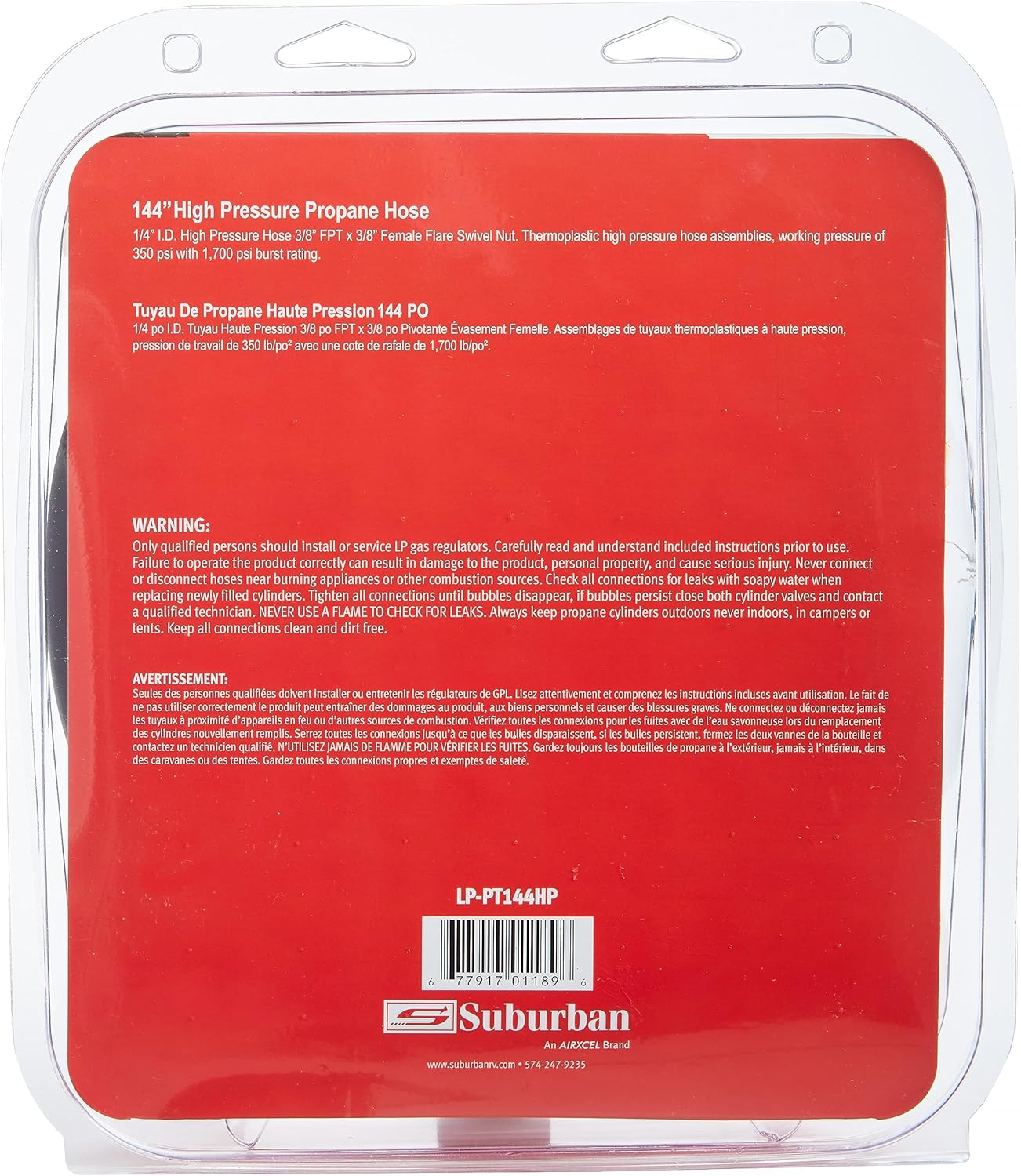 Suburban LP-PT144HP 144" High Pressure Propane Hose, 1/4” I.D. with 3/8” FPT x 3/8” Female Flare Swivel Nut for Safe Gas Transfer in RV