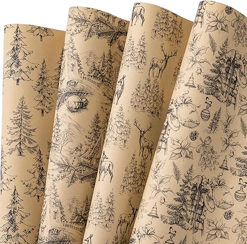 RUSPEPA Hojas de papel kraft para envolver  Diseño de elementos rojos navideños  12 hojas plegadas  19.68 x 27.5 pulgadas