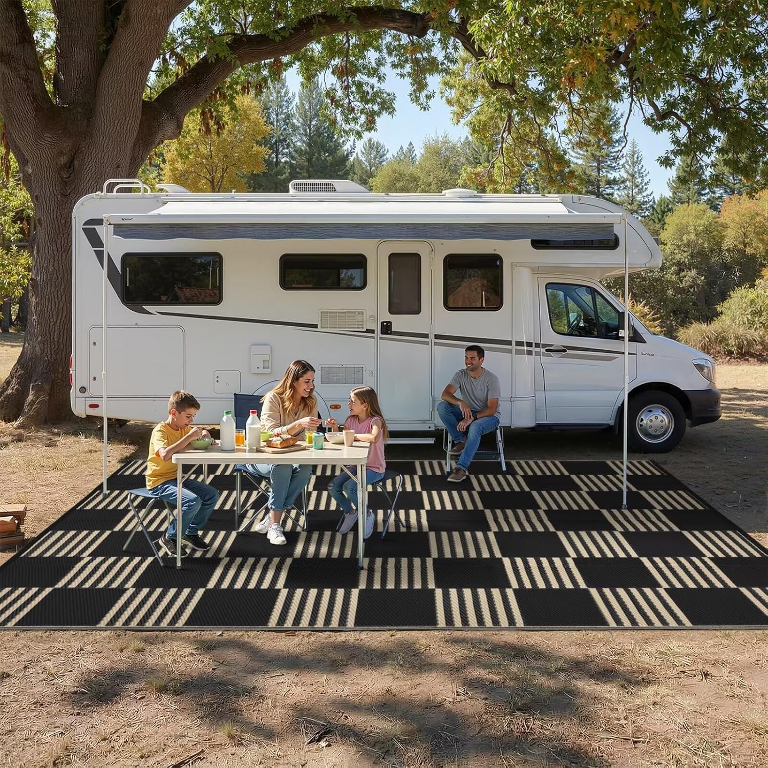 Garvee Waterproof Outdoor Rug 8x10, Checkered Foldable Plastic Straw Patio Camping Rug, Outdoor RV Carpet for Deck Camper Porch Balcony Backyard Picnic Beach Black and Brown