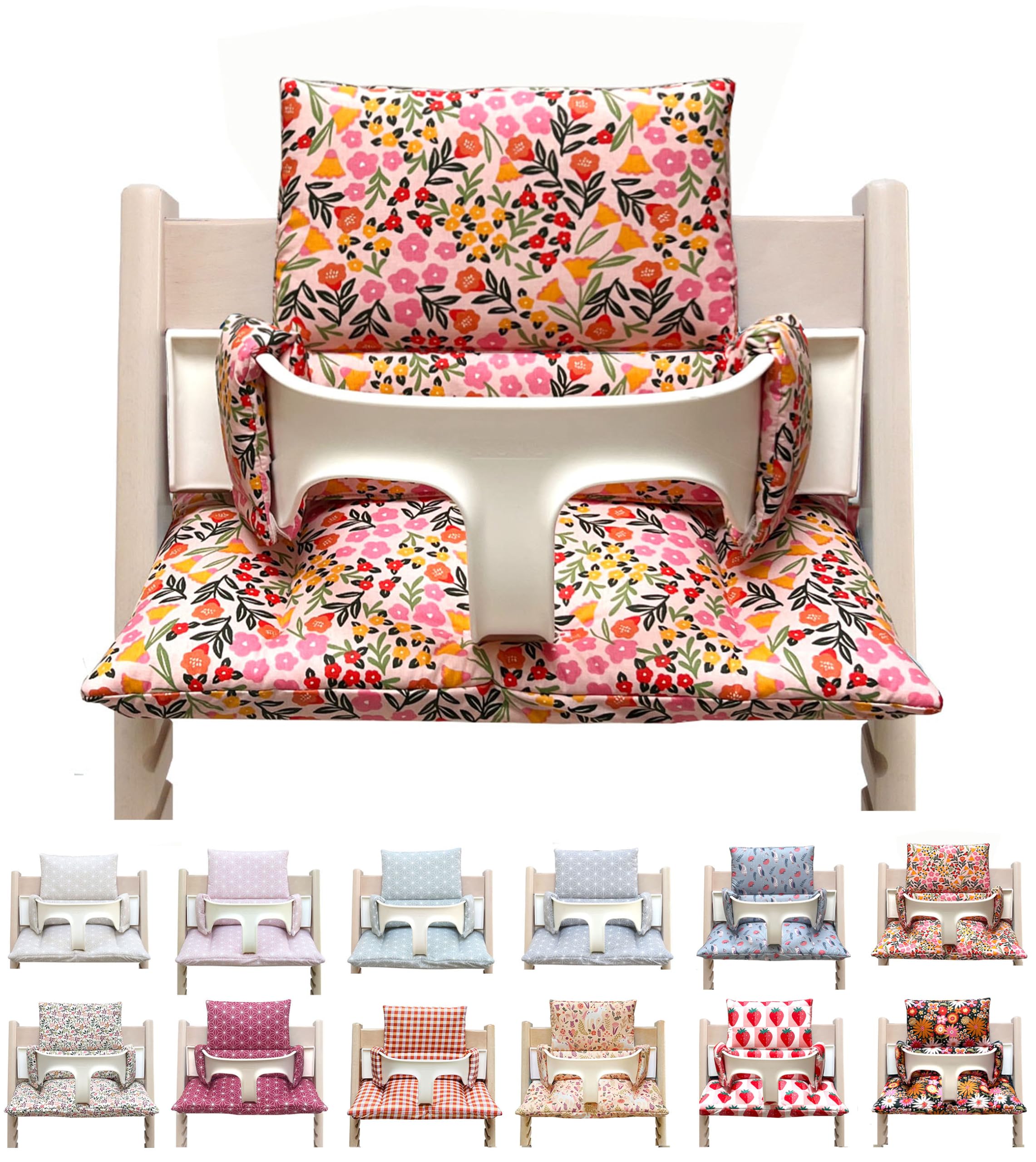 Blausberg Baby - Sitzkissen Set kompatibel mit Tripp Trapp® Stokke Hochstuhl Sitzkissen abwaschbar Oeko-Tex Baumwolle 6 cm Sitzpolster kompatibel mit Baby Set & Holzbügel & Tray Table - Flower Rosa