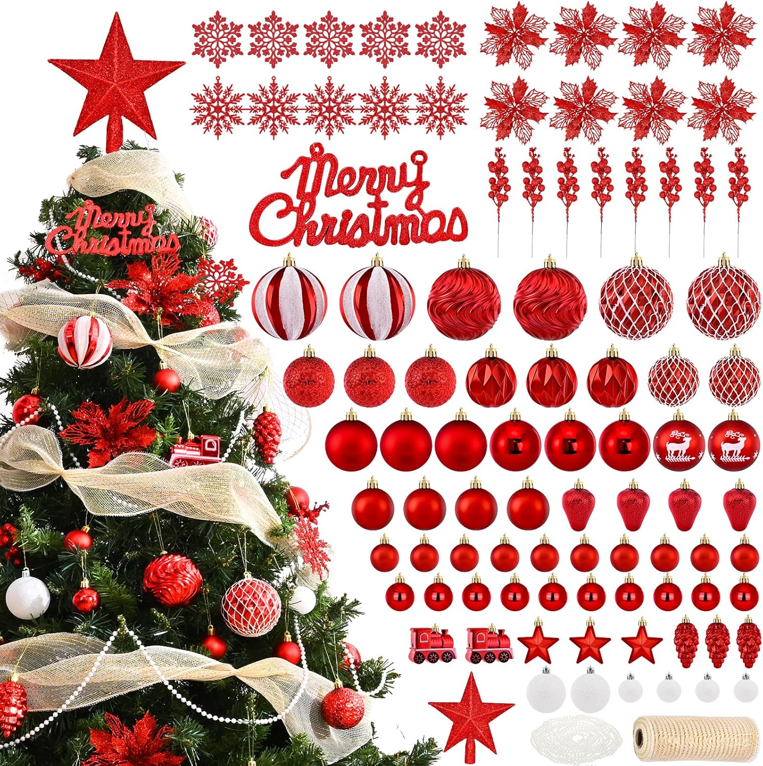 Ktinnead 94 Pcs Christmas Tree Decorations Set, Red Shatterproof Christmas Tree Hanging Ball Ornaments with Glitter Poinsettia Flowers Decorations Berries Snowflakes for Xmas Party Holiday Wedding
