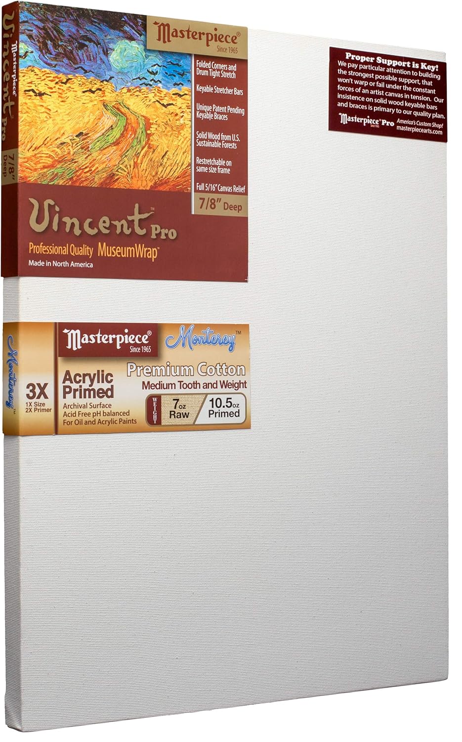 MASTERPIECE 41037 Vincent Pro 7/8" Deep Monterey 10.5 oz Cotton Medium Texture Stretched Canvas 14" x 14"