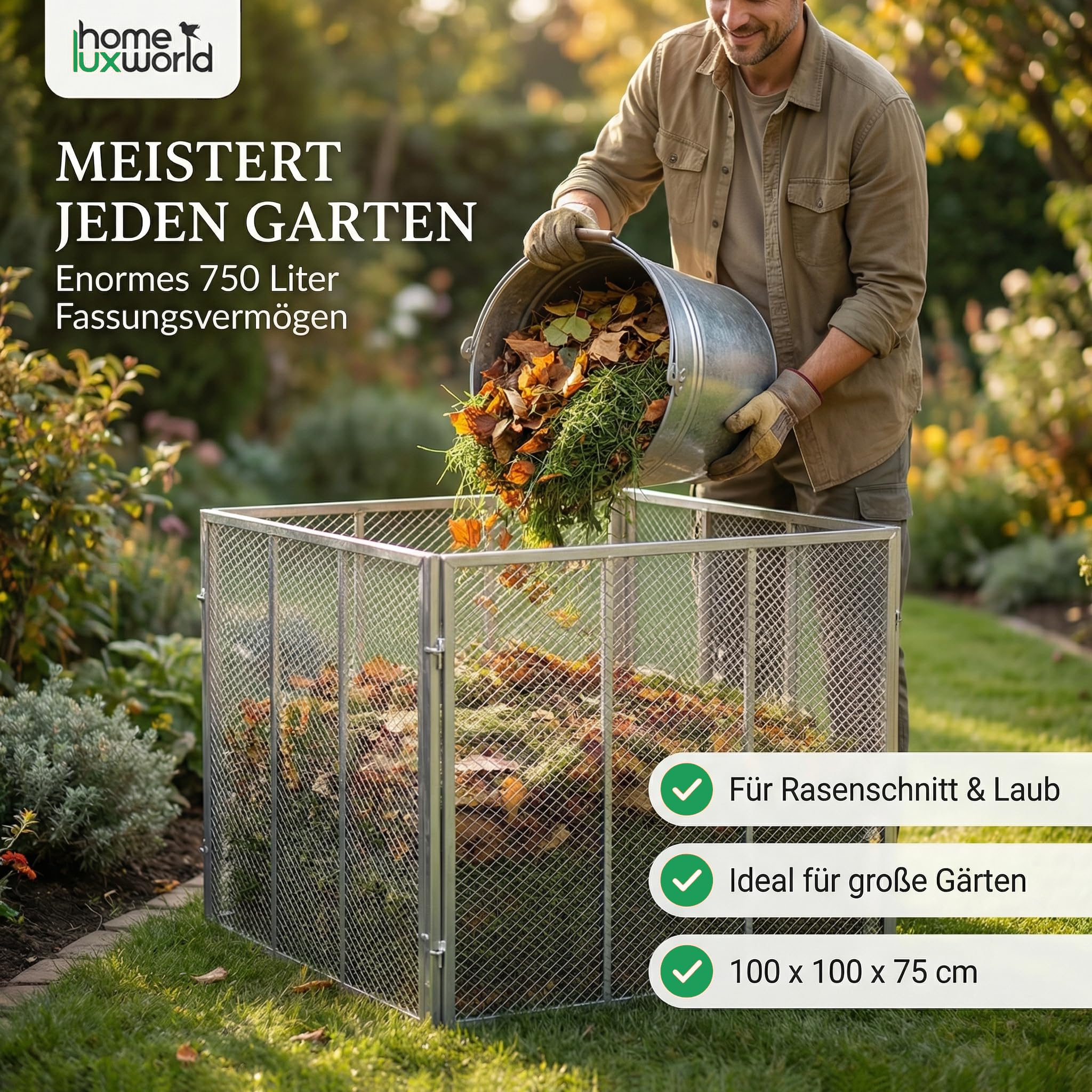 Garten Komposter Metall | 100 x 100 x 75 cm | 750 Liter Metallkomposter verzinkt | Gartenkomposter zur Erstellung von Kompost mit Gartenabfällen (Silber)