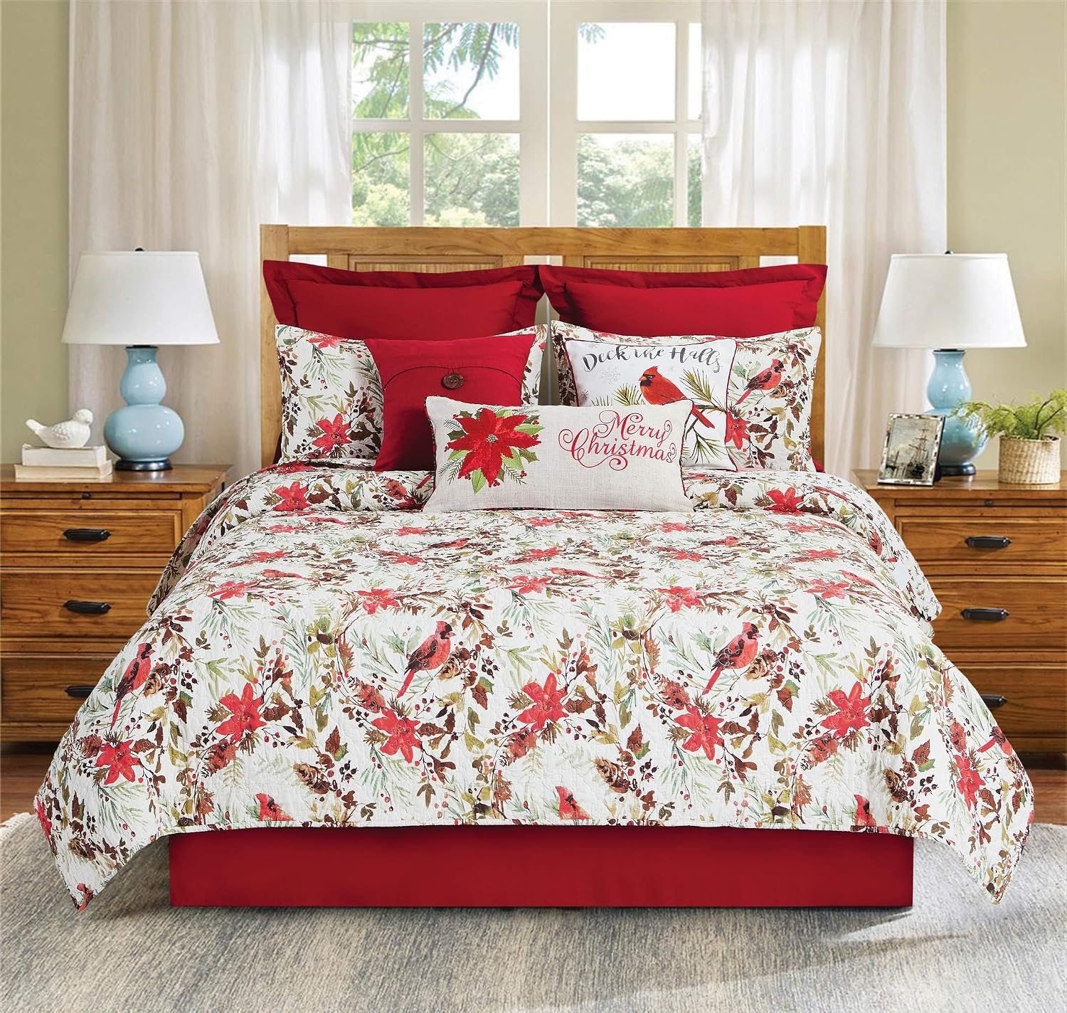 C&F Home Averie Botanical Reversible Holly & Sprig Christmas Holiday Cardinal and Poinsettia King Quilt Set Machine Washable Cotton Quilt Set King 3 Piece Set Red