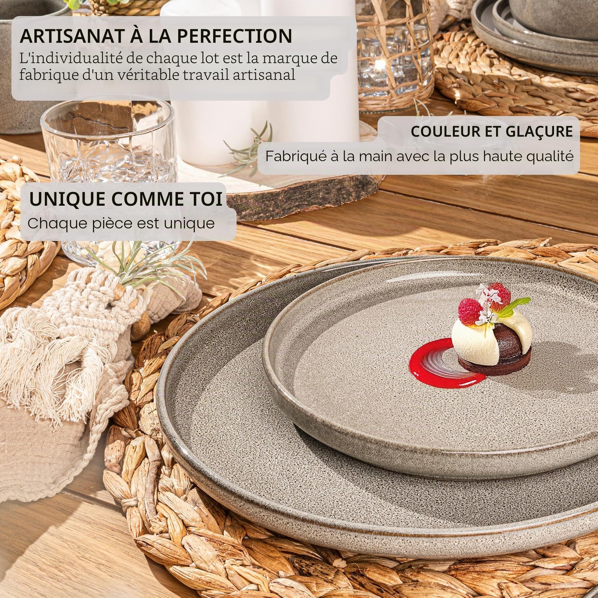 SÄNGER Kairo Clay | Service de table 18 pièces en faïence pour 6 personnes, 6 assiettes plates, 6 assiettes à dessert, 6 bols et bols gris, lot d'assiettes creuses | Value Collection