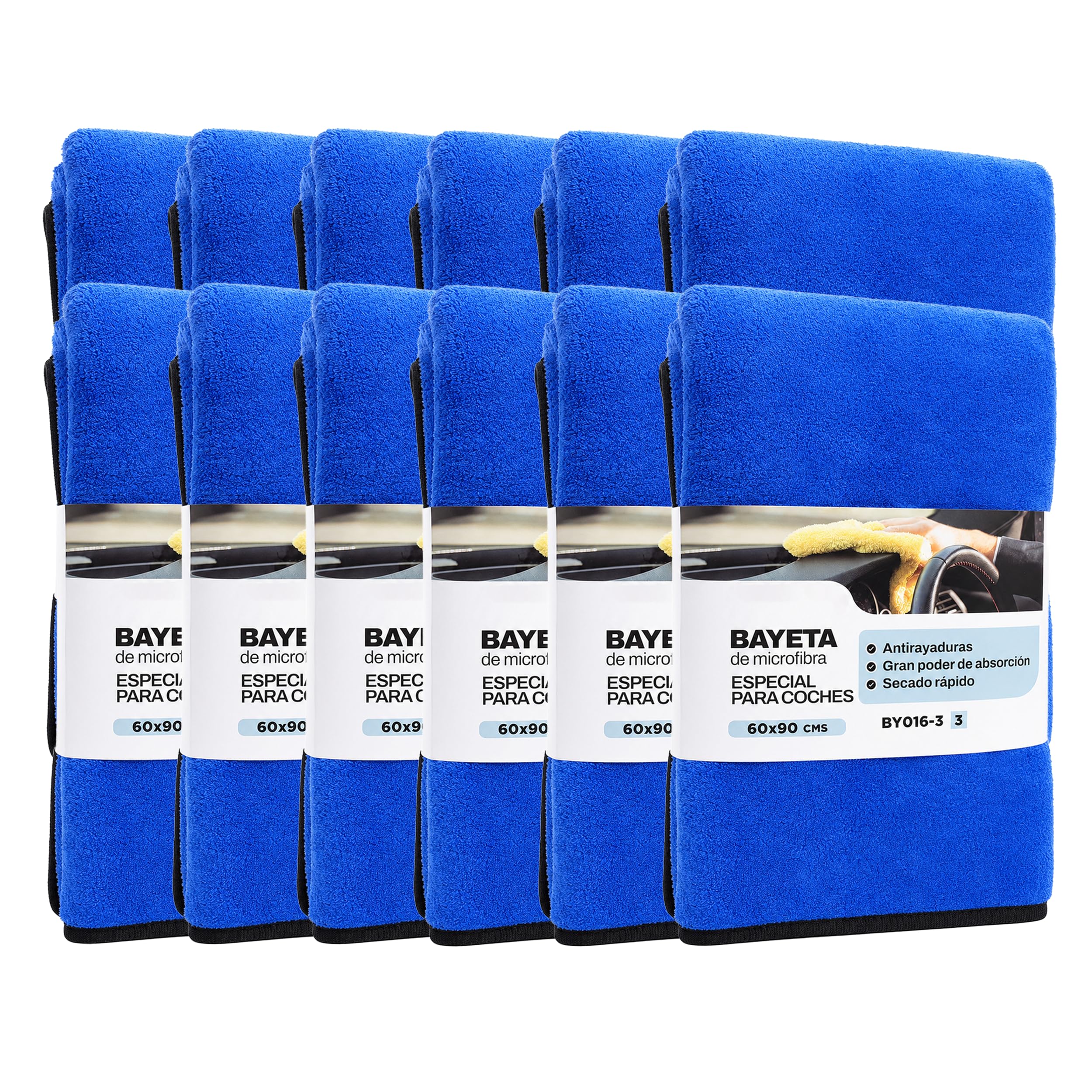 Toalla Secado Coche 60 x 90 cm, Microfibra Absorbente, Azul, Pack de 12