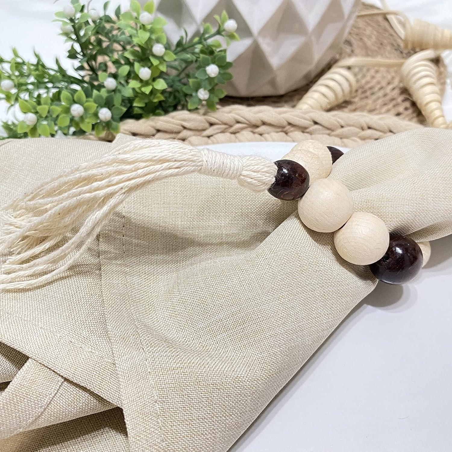 Napkin Rings Set of 6 - Wooden Beads Napkin Rings | Rustic Wooden Napkin Ring Holder for Table Decoration | Handmade LEBEJUA Napkin Ring with Wood Beads & Tassels - Farmhouse Napkin Holder Boho Style