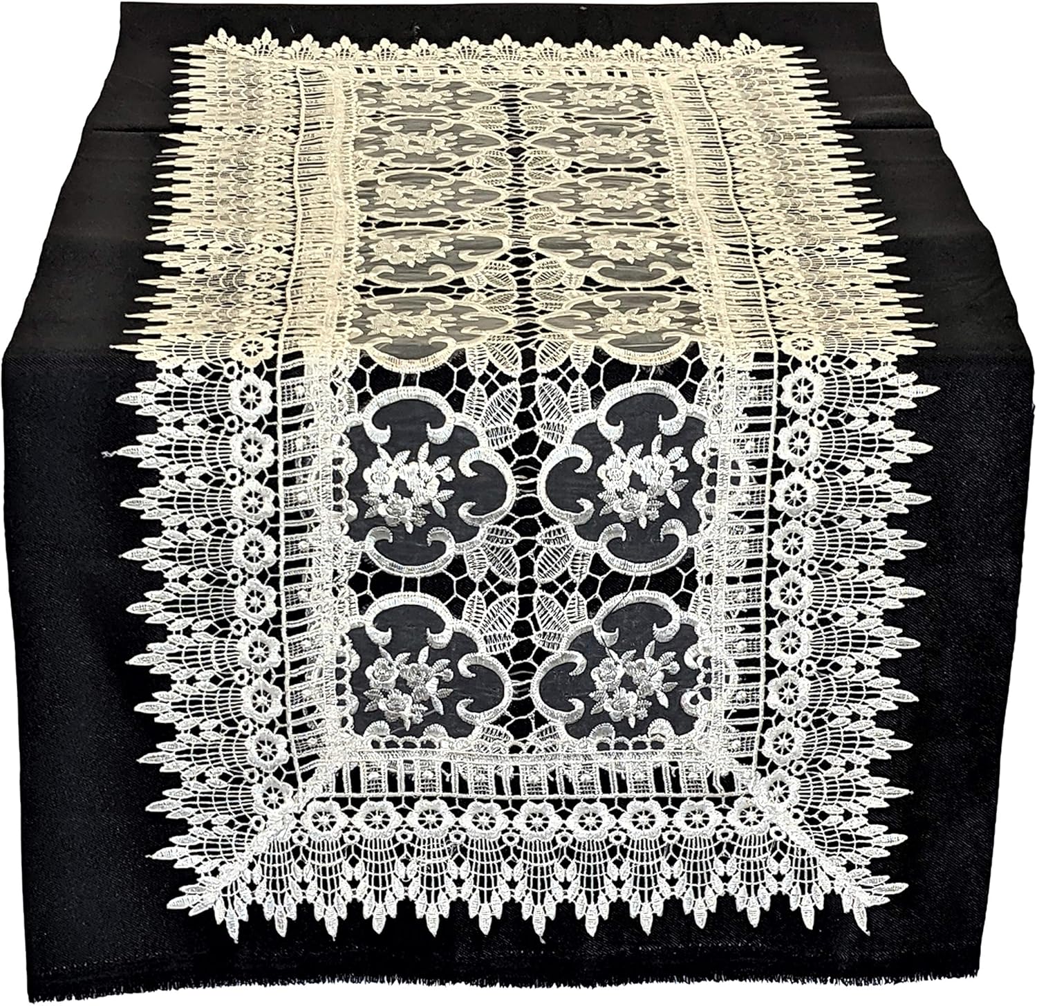 Fireplace Mantel Runner with Flowers on Sheer Material and Lace Handmade, Size 84 x 27 inches