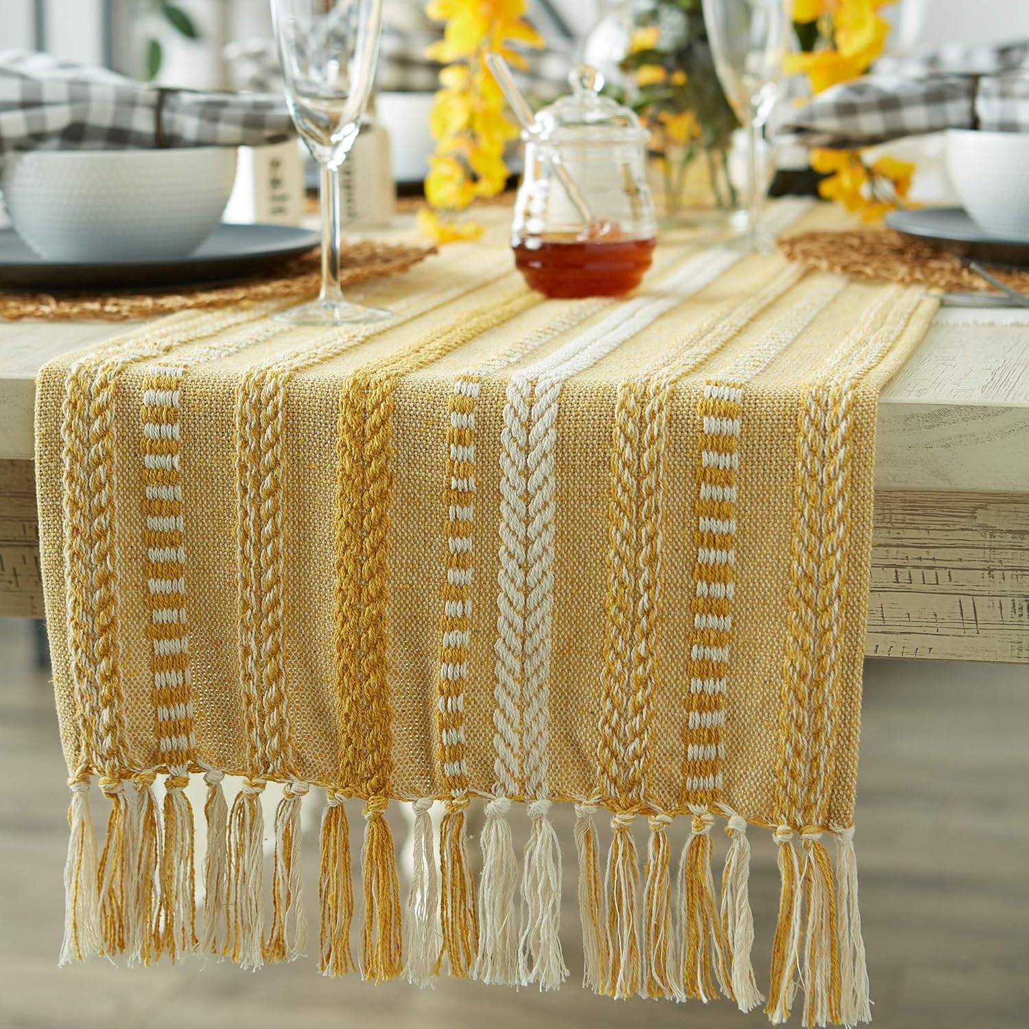 DII Farmhouse Braided Stripe Table Runner Collection, 15x72, Honey Gold : Home & Kitchen