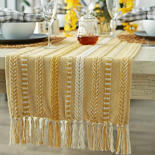 Vista 4 de DII Farmhouse Braided Stripe Table Runner Collection, 15x72 (15x77, Fringe Included), Honey Gold Miel Gold