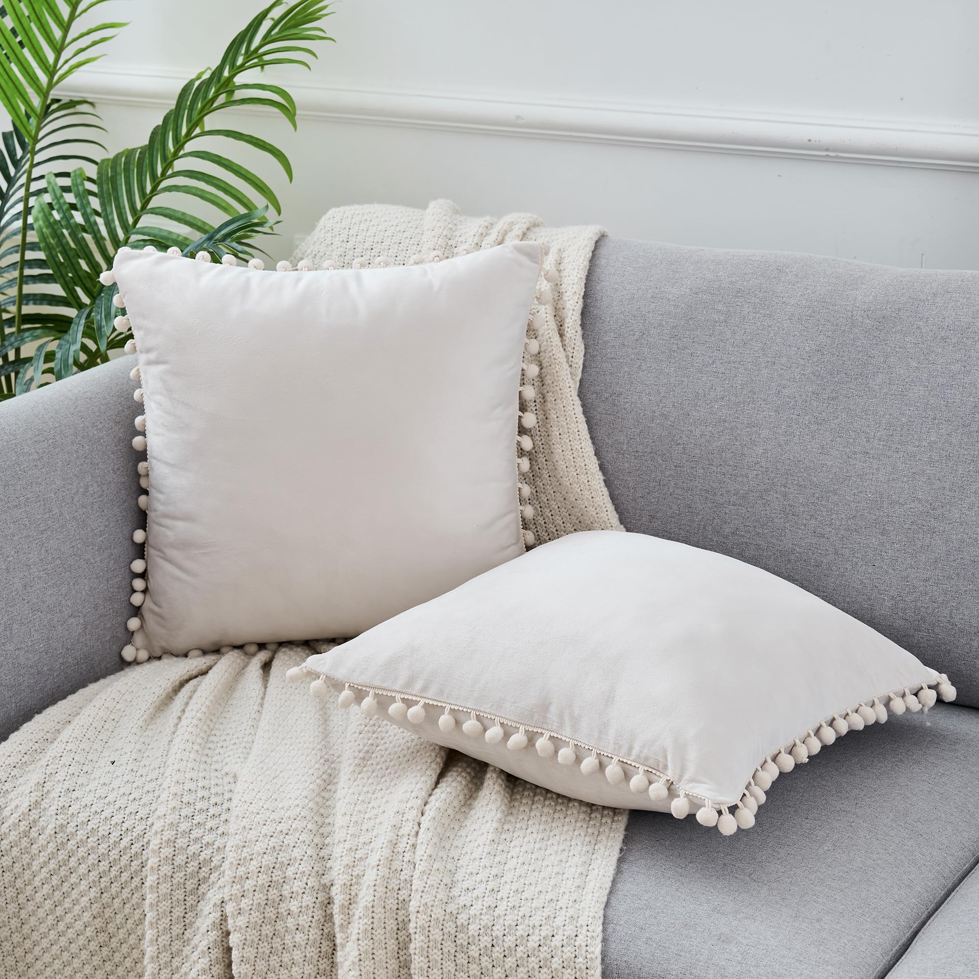 Uxcell Pack of 2 Velvet Throw Pillow Covers with Pompoms Decorative Pillow Cases Fringe Cushion Covers Velvet Square Sham for Farmhouse Bedroom Living Room Beige 40 x 40 cm - Image 2