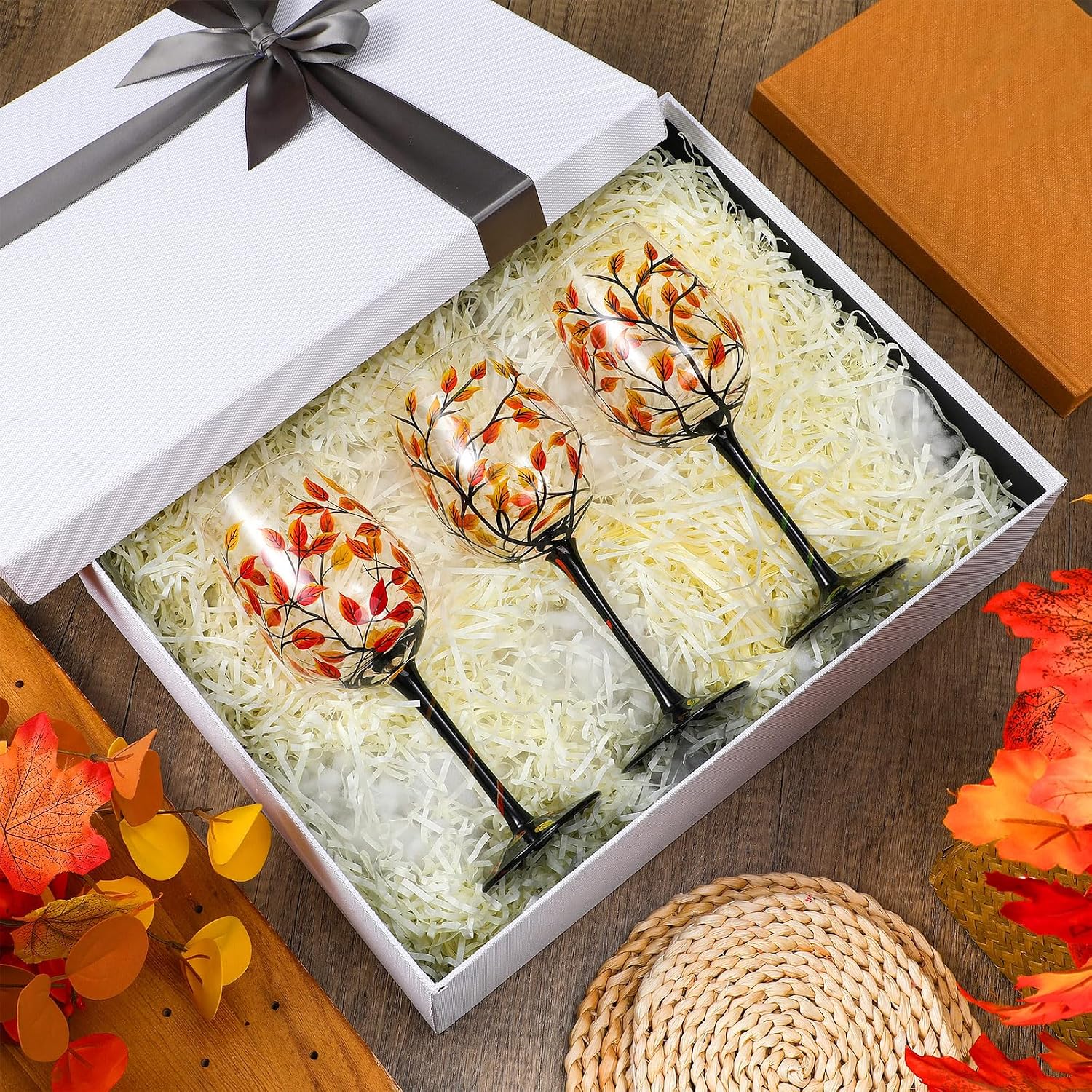 SiliFine 4 Pcs Fall Leaves Theme Stemmed Wine Glasses