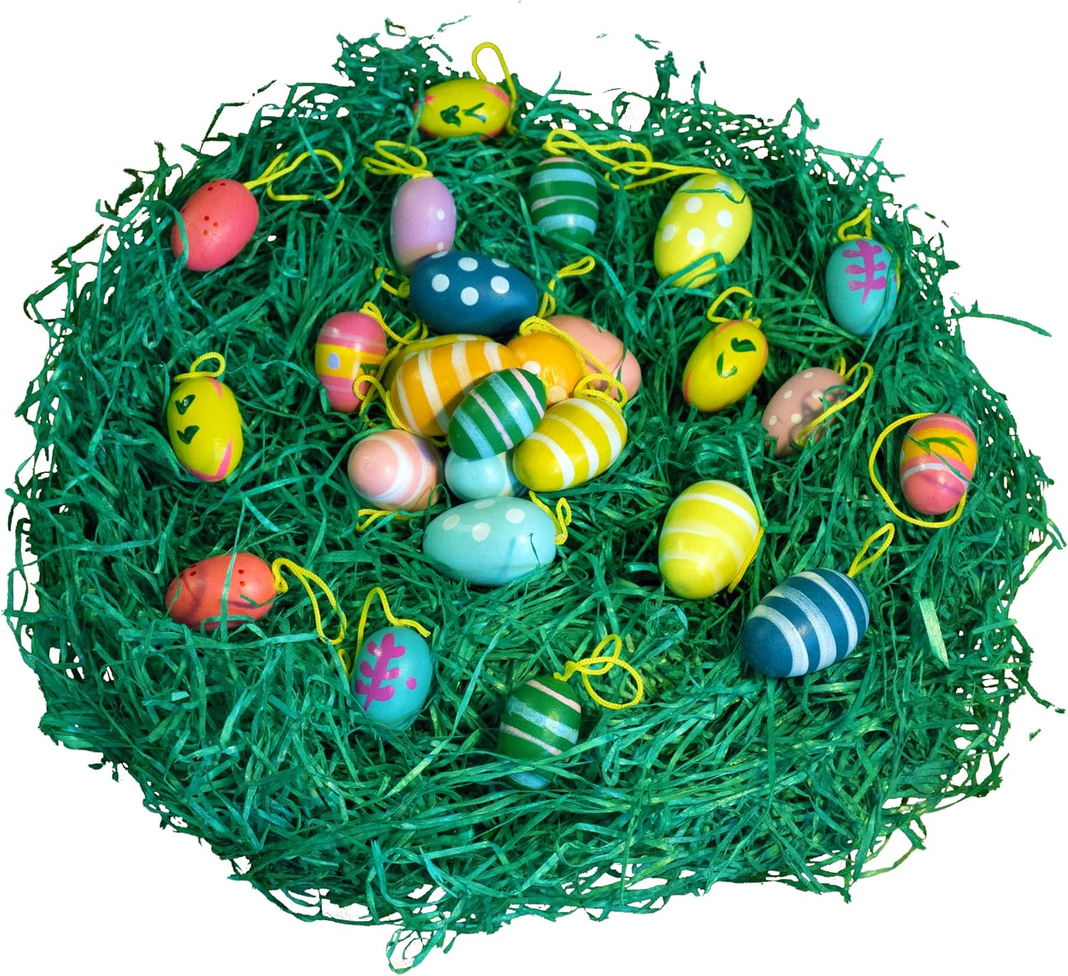 Papiertiger 36 wooden eggs for hanging with cord 12 x medium large 3 cm + 24 x small 2 cm including 50 g Easter grass natural Easter decoration with stylish charm