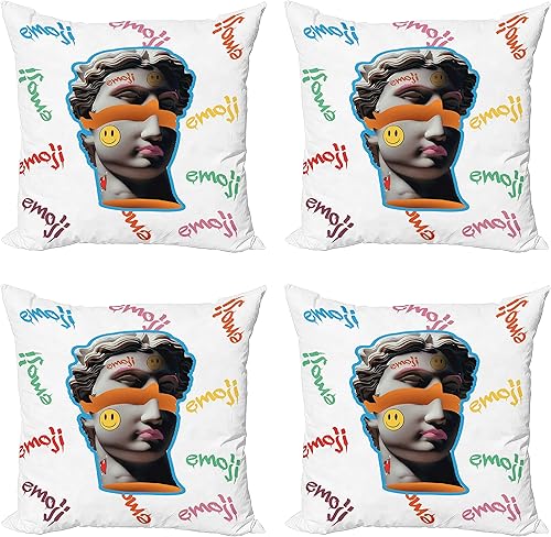 Ambesonne Emoji Decorative Throw Pillow Case Pack of 4, Modern Illustration of Antique Sculpture Portrait Graffiti Shapes and Forms, Cushion Cover