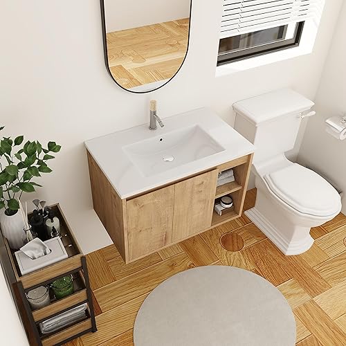 Miniatura 9 de Juego de tocador de baño de 30 pulgadas con lavabo, montado en la pared, 1 puerta y estante lateral derecho para espacios pequeños, tocador de baño
