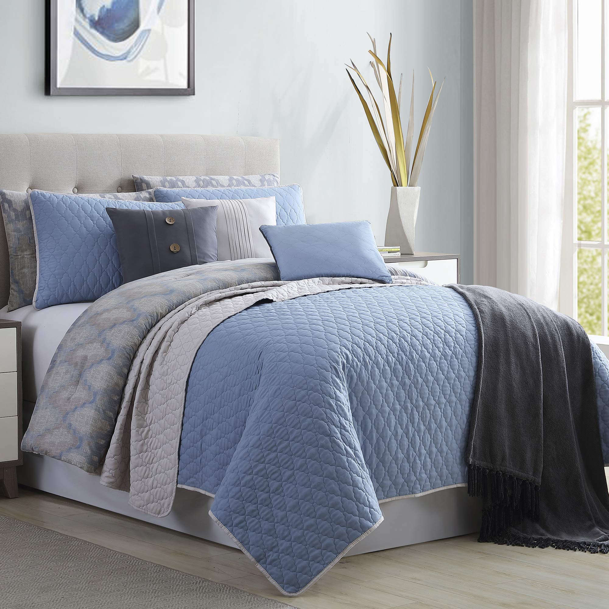 The Urban Port Andria 10 Piece King Size Comforter and Coverlet Set, Blue and Gray