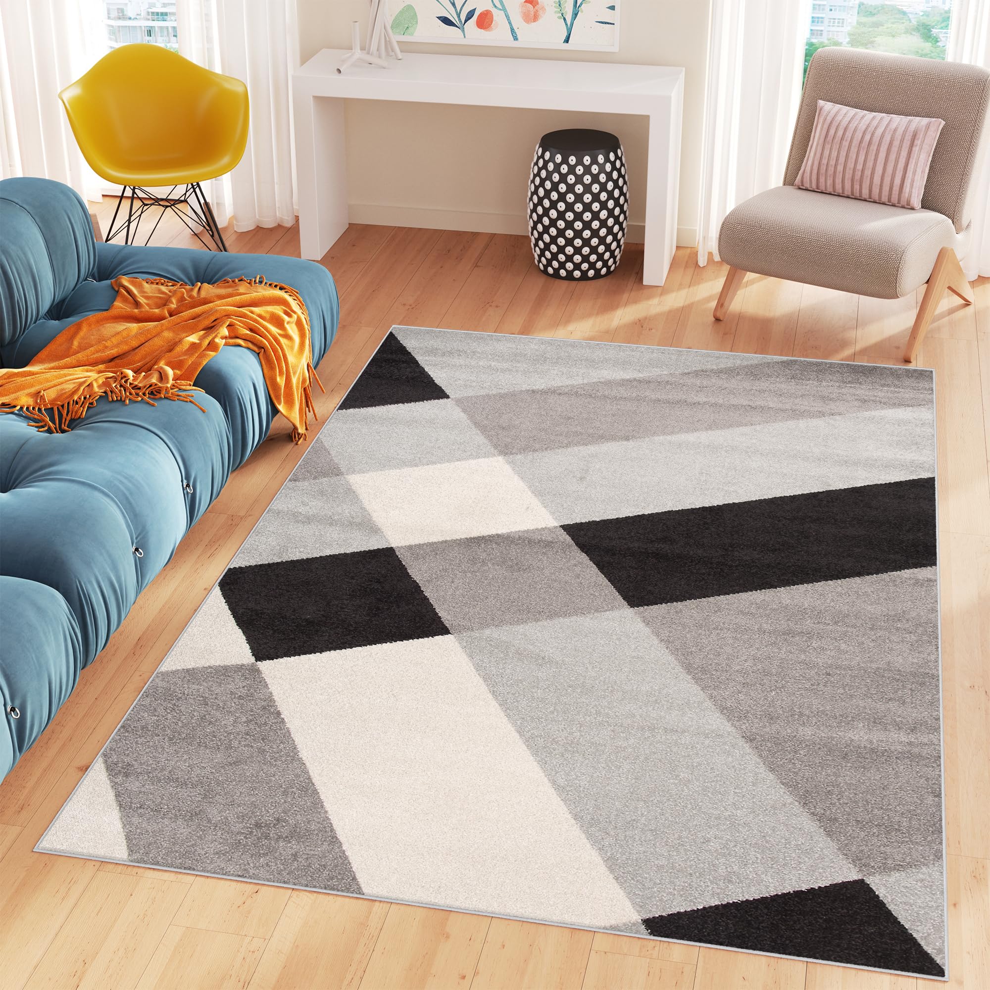 TAPISO Cosmo Alfombra de Pelo Corto Suave Diseño Moderno Gris Negro Crema Alfombra de Salón Habitación Dormitorio Sala de Estar Oeko-Tex 140 x 200 cm