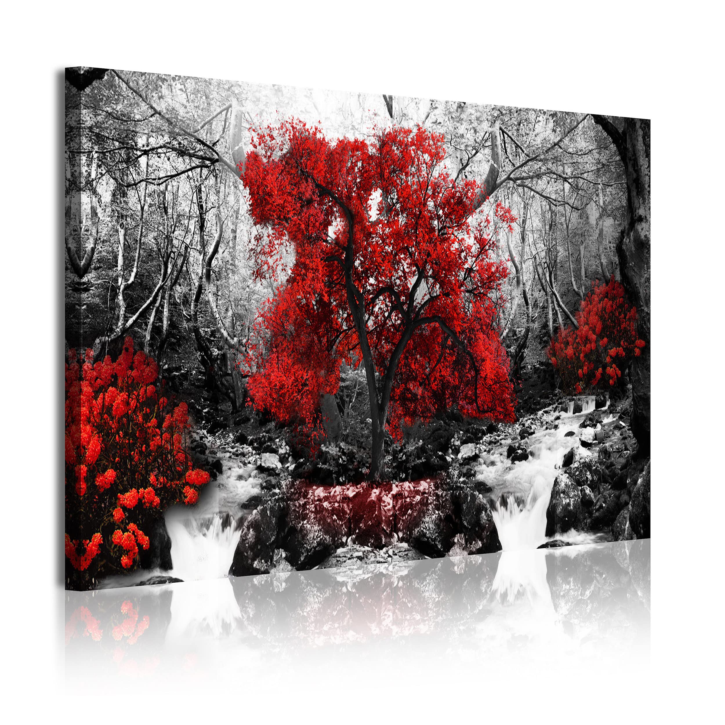 DekoArte 332 - Cuadros Modernos Impresión de Imagen Artística Digitalizada | Lienzo Decorativo Para Tu Salón o Dormitorio | Estilo Paisaje Blanco y Negro con Árboles Rojos Naturaleza |1Pieza 120x80cm